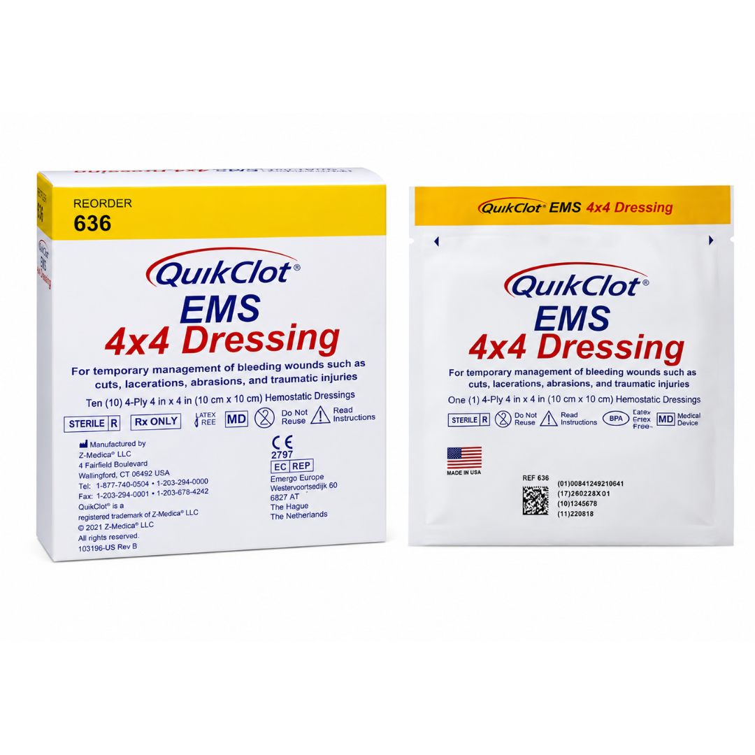 Two packages of QuikClot® EMS Hemostatic Gauze Dressing 4"x4", including a box of 10, labeled for emergency medical services and temporary control of bleeding from cuts, lacerations, abrasions, or traumatic injuries.